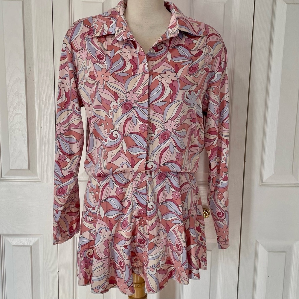 Vintage 70s Style Pink Floral Button Down Romper Shorts